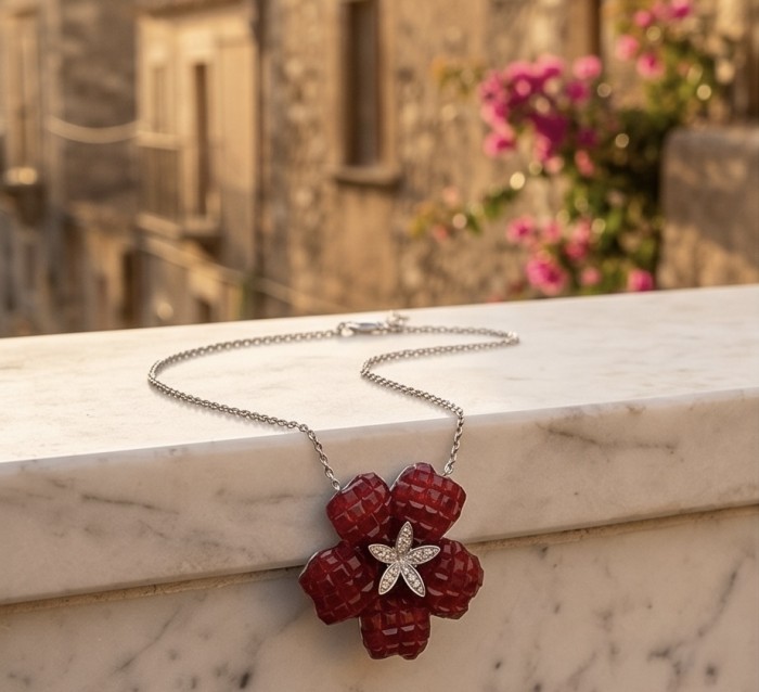 Red Flower Luxurious mystery setting natural 12.5 carat Ruby .925 Sterling Silver handmade Statement necklace - Red flower ruby necklace on marble with blurred floral background