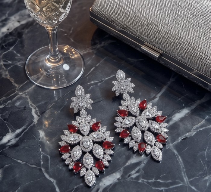 Isabella - Beauty of Nature- natural 27.5 carat Ruby Rhodium over .925 Sterling Silver handmade Statement earrings - Earrings with ruby and diamond details on marble with glass and clutch