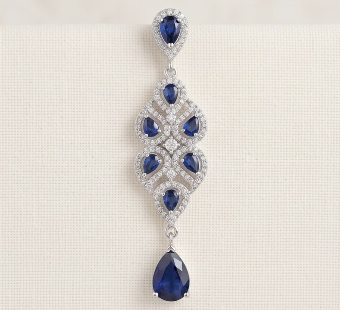 Born to Glam 4.2 carat natural Sapphire .925 Sterling Silver Perfectly handcrafted Pendant - Elegant sapphire chandelier earring, front view, set in sterling silver.