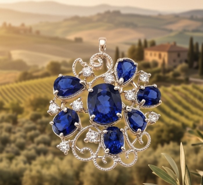 Julietta 24.5 carat Sapphire .925 Sterling Silver dipped in rhodium handmade Pendant Brooch - Sapphire pendant close-up, showcasing stones and intricate silver design.