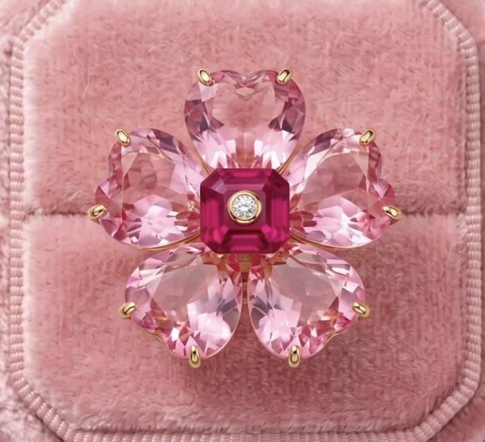 Cherry Blossom 27.5 carat Pink Amethyst 14K Gold over .925 Silver handcrafted Cocktail Ring s. 7 - Cherry Blossom ring close-up, 27.5 ct pink amethyst in 14K gold.
