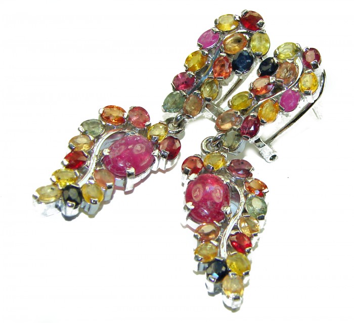Authentic Ruby multicolor Sapphire .925 Sterling Silver handcrafted Statement earrings - photo 2