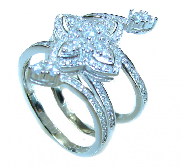6.8 carat White Topaz .925 Sterling Silver brilliantly handcrafted stack ring s. 7 - Ornate sterling silver and white topaz ring, angled view
