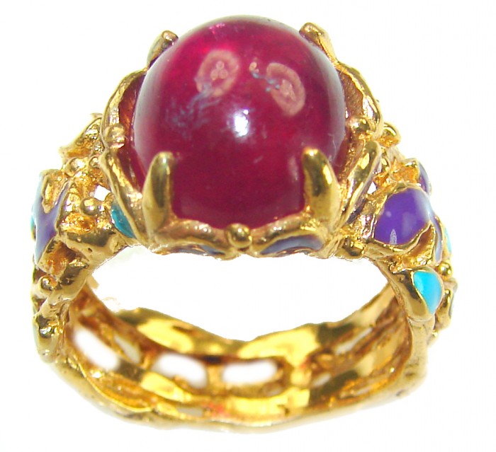 Passion 6.5 carat Ruby turquoise Enamel 18K Gold over .925 Sterling Silver Huge handcrafted Ring s. 6 - Ruby ring in gold setting with turquoise and enamel stones, side view.