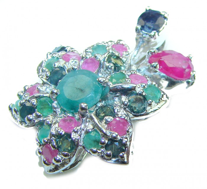 Authentic 10.5 carat Ruby Emerald Sapphire .925 Sterling Silver handcrafted Pendant - Gemstone brooch in sterling silver, top view showing ruby, emerald, sapphire