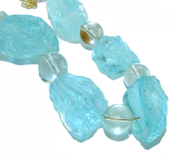 Sky and Ocean authentic rough Aquamarine Mother of Pearl 10k Gold over .925 Sterling Silver handcrafted STATEMENT Necklace - Close-up of rough Aquamarine and Mother of Pearl necklace stones