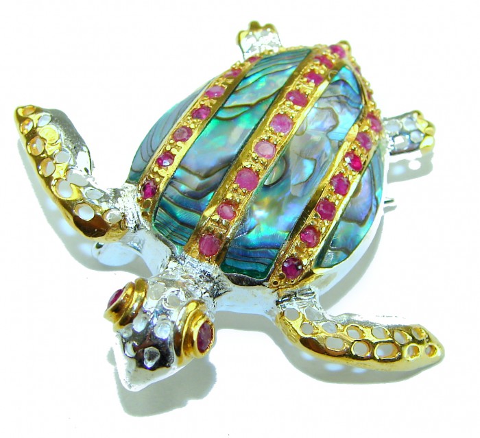 Good health and Long life Turtle Genuine Rainbow Abalone 14K Gold over .925 Sterling Silver handcrafted Pendant brooch - Turtle brooch top view, abalone shell, gold accents, and red stones.