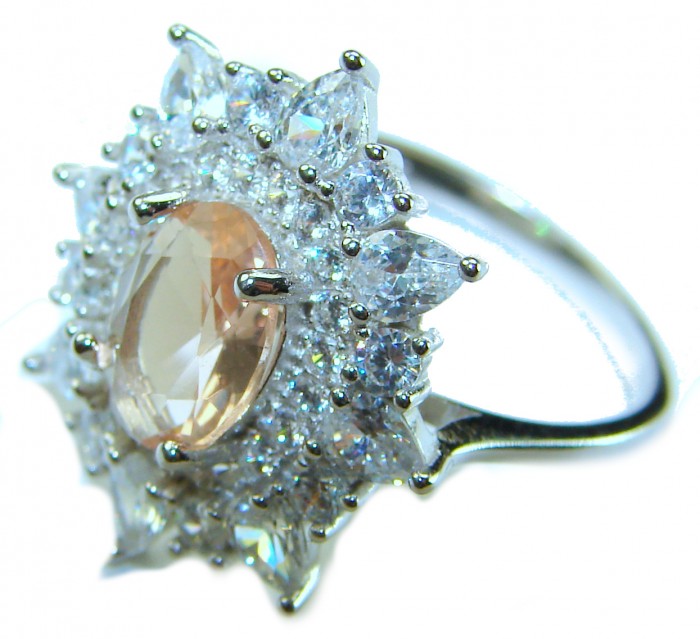 Isabella Authentic emerald cut 4.8 carat Morganite .925 Sterling Silver ring s. 8 - Side view of Isabella Morganite ring with diamond accents and silver band