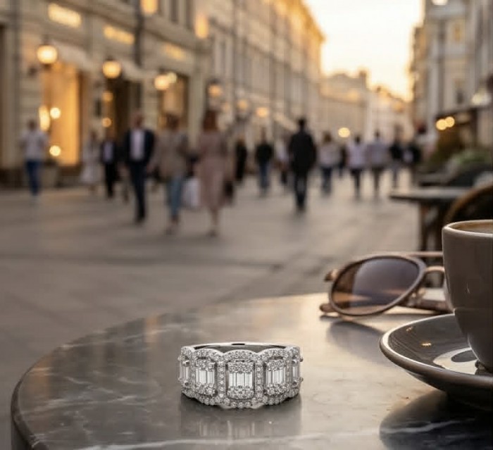 Art Deco - Classic Beauty 4.5 carat White Topaz .925 Sterling Silver Statement ring size 6 1/4 - Ring on table with blurred street background, White Topaz, 4.5 carat