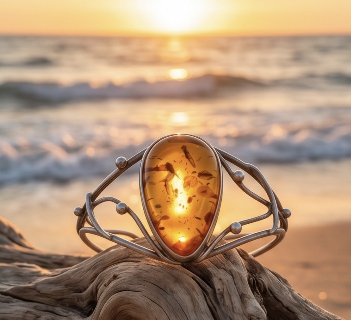 Vintage Design Genuine the best QUALITY Baltic Amber .925 Sterling Silver handamde Bracelet / Cuff - Close-up of vintage Baltic amber bracelet on driftwood at sunset.
