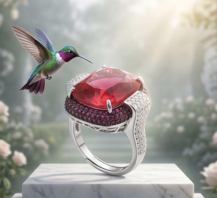 Art Deco 18.6 ctw Red Topaz black enamel .925 Sterling Silver handcrafted Statement Ring size 7 adjustable - Close-up of Art Deco red topaz ring with a hummingbird in garden setting
