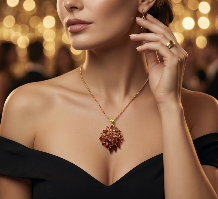Marvelous Natural 20.8 carat Mozambique Garnet 22K Gold over .925 Sterling Silver Handcrafted pendant - Close-up of garnet necklace worn on neck with 22K gold over setting.