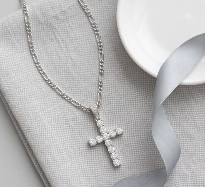 Precious Cross Genuine rhodium over .925 Sterling Silver handmade necklace - Cross necklace on fabric, top view, rhodium over sterling silver.