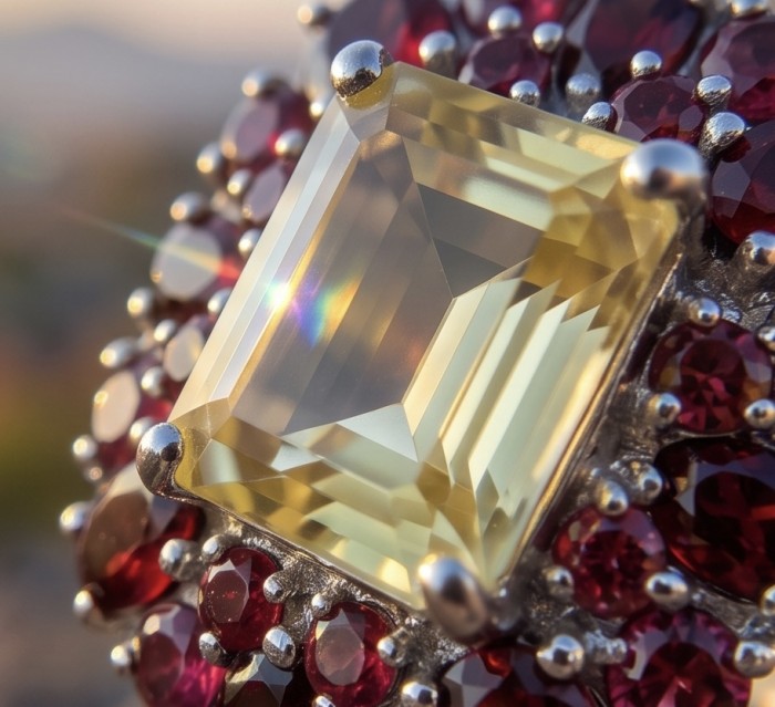 Golden Dream 9.8 carat Brazilian Citrine Garnet .925 Sterling Silver Handcrafted Ring size 8 - Close-up of Golden Dream citrine and garnet ring.