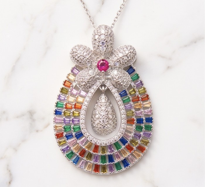 Julietta - Excellent quality 11.9 carat Multigem 18K Rose Gold over .925 Sterling Silver handcrafted Pendant - Multigem pendant, top view, 18K Rose Gold, colorful stones detailing