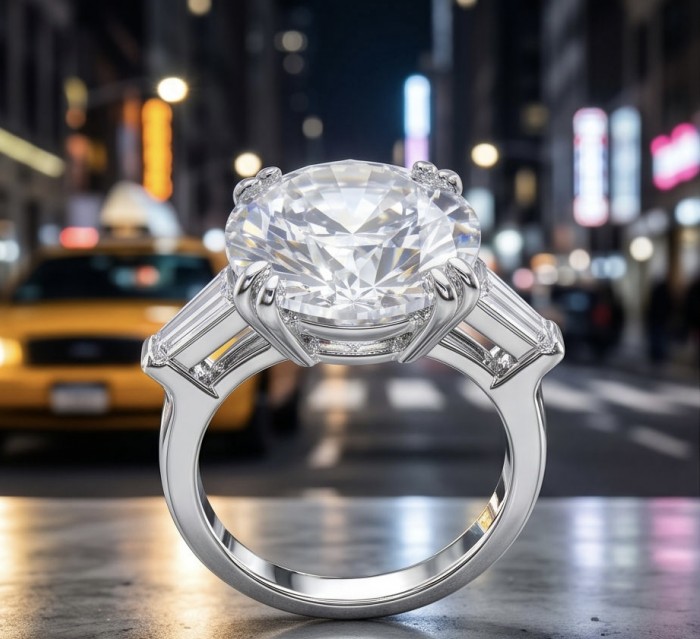 Luxurious - 14.2 carat White Topaz .925 Sterling Silver handcrafted ring size 6 - Close-up of White Topaz ring in sterling silver, city street background