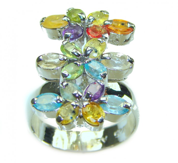 Summer Time 12.5 multicolor Kashmir Sapphire .925 Sterling Silver handcrafted ring size 9 - Colorful Kashmir sapphire ring, top view, floral design, sterling silver.