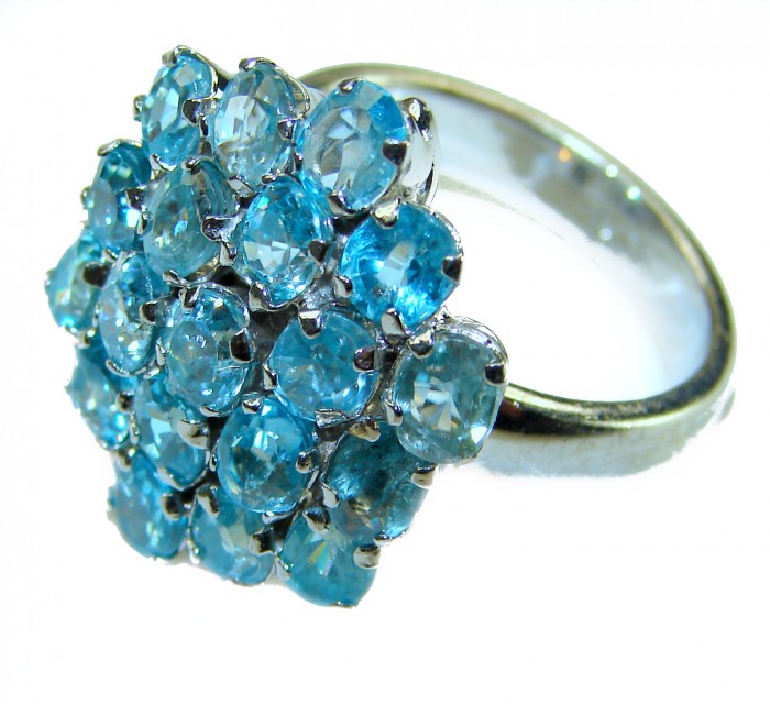 Blue Odyssey 4.5 carat authentic Swiss Blue Topaz .925 Sterling Silver handmade Statement Ring size 8 - Blue Topaz ring close-up with multiple gems in .925 sterling silver setting