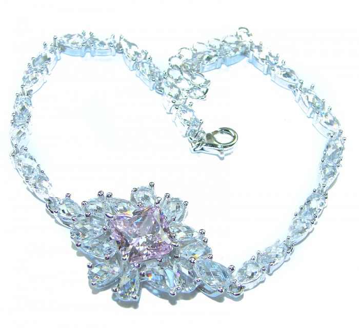 Isabella - Light Pastel 15.9 carat Kunzite .925 Sterling Silver handmade Bracelet - Necklace with pink kunzite gemstone on white background, top view.