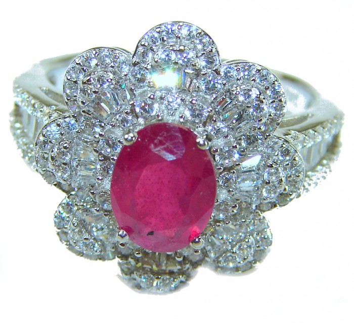 Real Beauty Natural 8.9 carat Ruby .925 Sterling Silver handmade Statement Ring size 7 - Front view of a ruby ring with diamond accents in sterling silver setting.