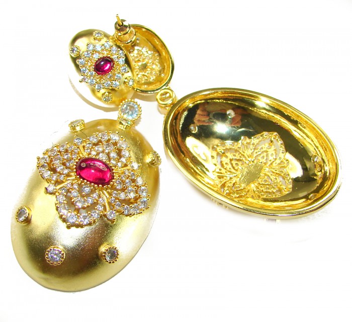Byzantine design Authentic 8.2 carat 18K Gold over .925 Sterling Silver handcrafted earrings - Open locket showing front detail with red gemstone and diamonds.