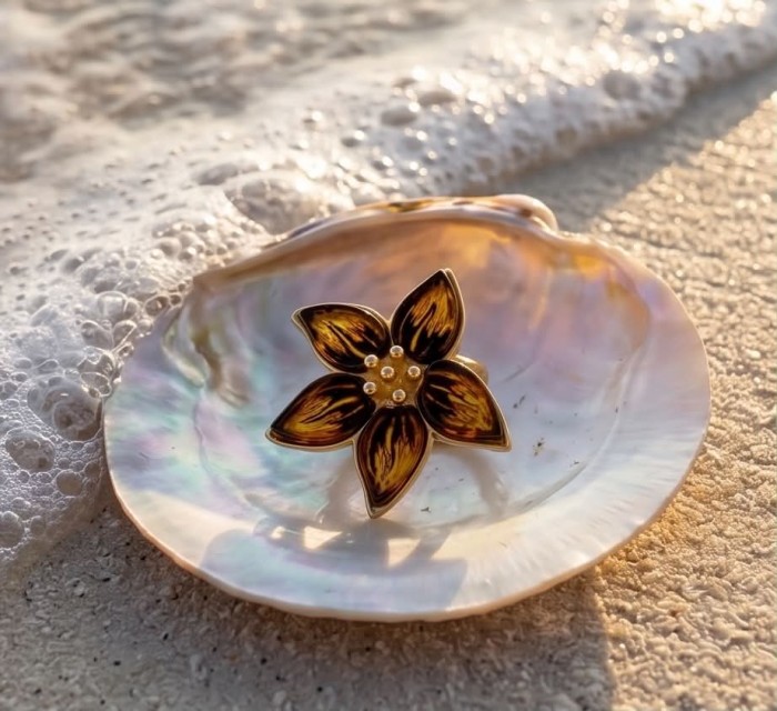 Golden Flower Authentic Baltic Amber 18K Gold over .925 Sterling Silver handcrafted ring; s. 7 adjustable - Golden flower amber brooch in shell, beachside, top view.