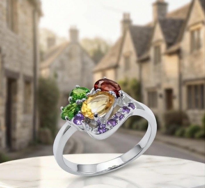Precious Rainbow- authentic 5.2 carat multigem .925 Sterling Silver Ring size 8 - Side view of Precious Rainbow multigem ring on marble surface