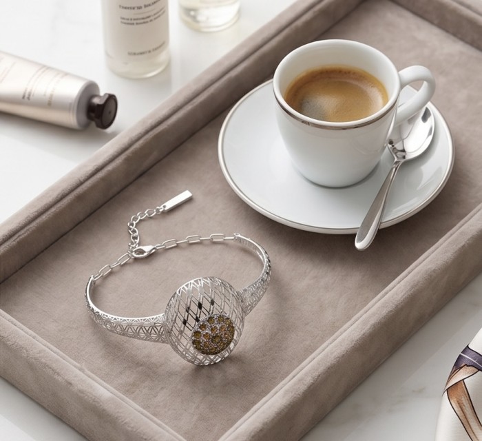 Casablanca - authentic 2.2 carat yellow Sapphire .925 Sterling Silver Bracelet - Top view of Casablanca bracelet with coffee cup and skincare items