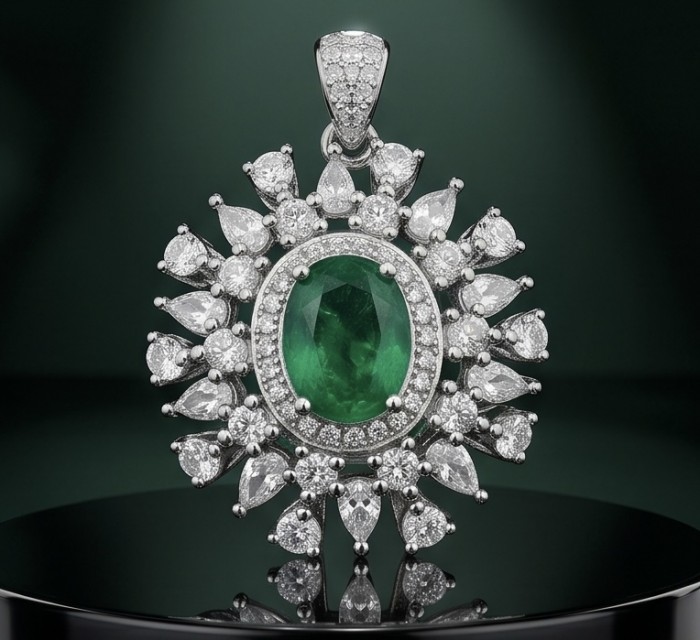 Isabella 3.8 carat Emerald .925 Sterling Silver Perfectly handcrafted pendant - Emerald pendant front view with diamond accents on sterling silver.