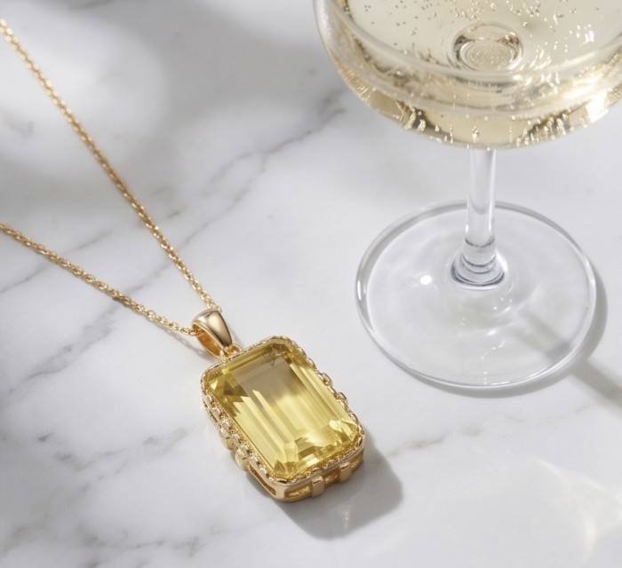 Emerald cut 10.3 carat Lemon Quartz 18K Gold over .925 Sterling Silver handcrafted pendant - Emerald cut lemon quartz pendant with champagne glass on marble surface.