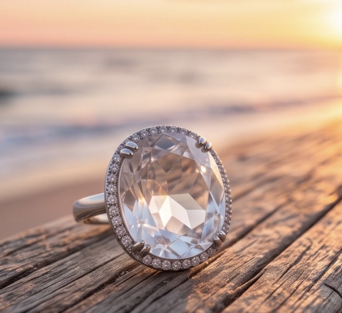Angelina 14.9 carat authentic White Topaz .925 Sterling Silver Handcrafted Ring size 7 - Close-up of Angelina 14.9 carat White Topaz ring on wood by sunset.