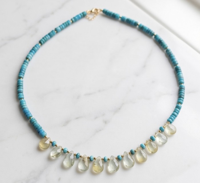 Serenity - 10.2 carat Citrine Turquoise .925 Sterling Silver handmade necklace - Turquoise and citrine necklace on marble background, top view.