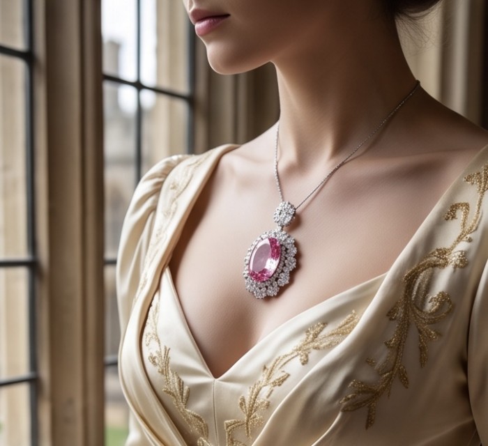 Tiffany Incredible oval cut 20.4 carat Pink Sapphire .925 Sterling Silver handcrafted pendant - Close-up of Tiffany necklace with oval pink sapphire pendant worn