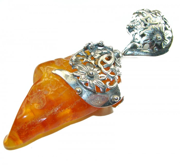 Royal Style 3 1/8 inch long authentic Baltic Amber .925 Sterling Silver handmade Pendant - photo 4