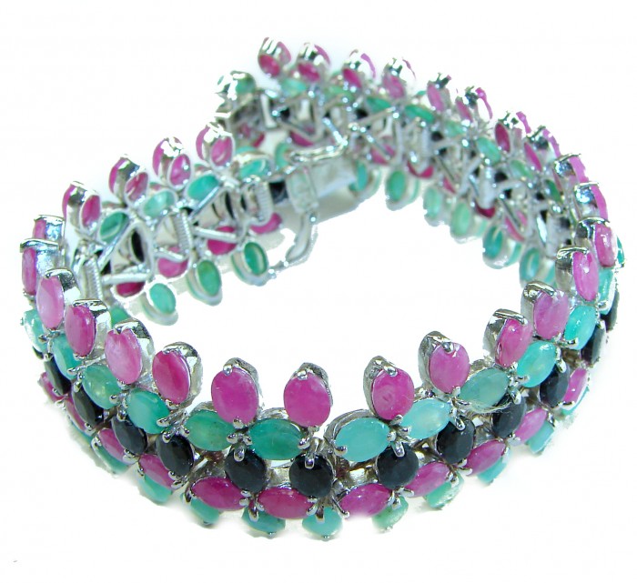 Carmen - Precious Natural 148.5 carat Ruby Emerald Sapphire .925 Sterling Silver handcrafted bracelet - photo 3