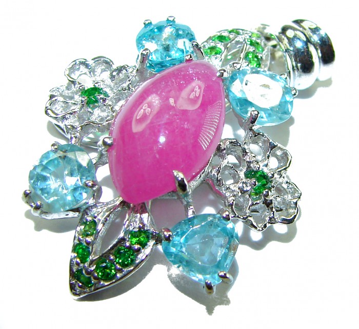 Precious Genuine 10.5 carat Kasmir Ruby Sapphire .925 Sterling Silver handmade Pendant - Close-up of multi-gem pendant with pink, blue, and green stones.