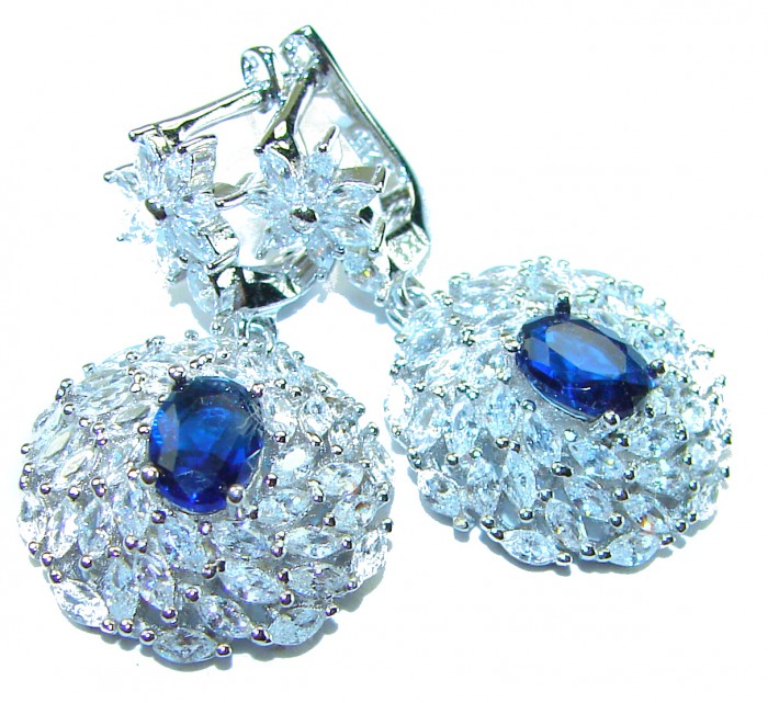 Luxurious 6.5 carat Sapphire White Sapphire .925 Sterling Silver handcrafted Statement earrings - Close-up of luxurious sapphire and white sapphire earrings.