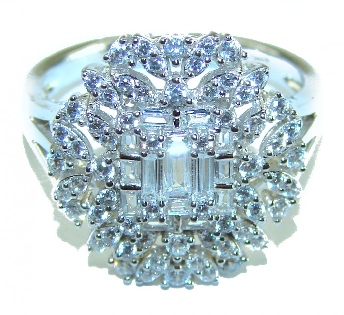 8.8 carat White Topaz .925 Sterling Silver brilliantly handcrafted ring s. 8 - White topaz sterling silver ring, top view close-up, intricate design.