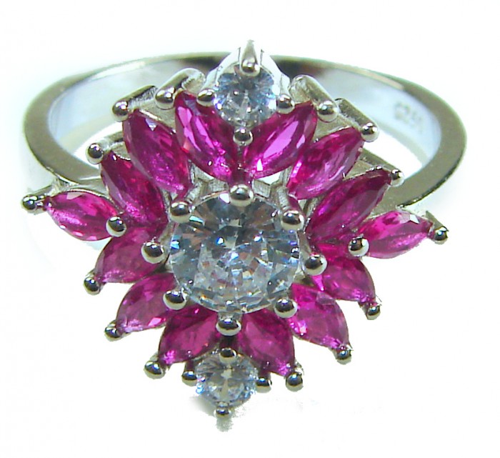Authentic 2.3 carat Ruby .925 Sterling Silver handmade Cocktail Ring s. 7 - Front view of ruby and sterling silver ring with floral design.