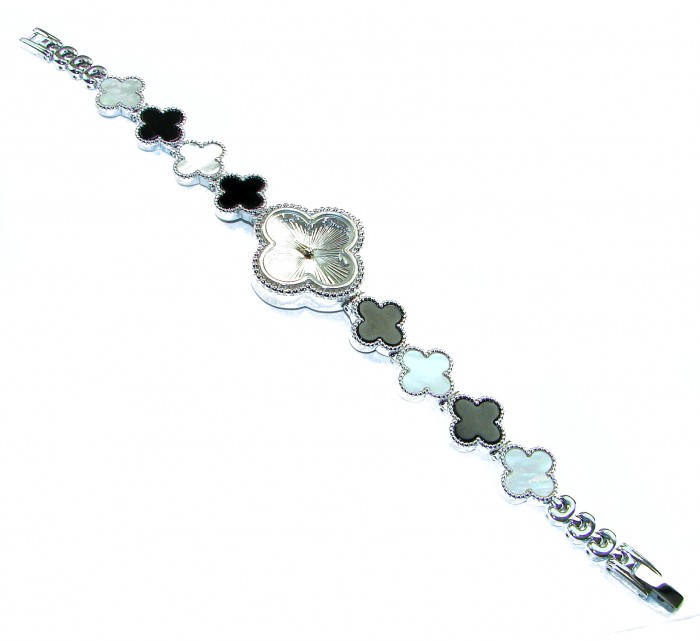 Precious Authentic Blister Pearl Onyx .925 Sterling Silver handmade Bracelet Watch - Top view of clover-shaped pearl and onyx bracelet, sterling silver clasp.