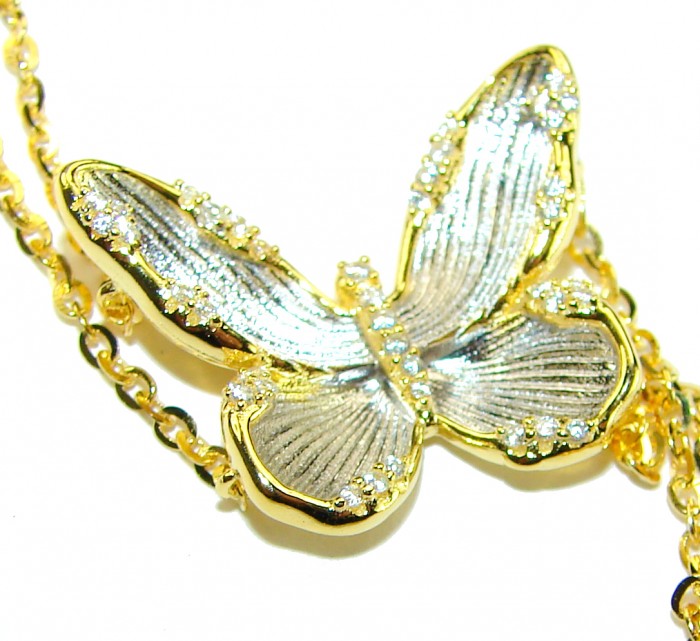 Golden Butterfly White Topaz highly polished 18K Gold over .925 Sterling Silver Italy made bracelet - Butterfly necklace with white topaz, close-up on pendant detail.