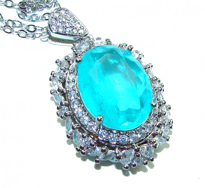 Rio Grande do Norte - Brazilian's Briliance - oval cut 15.5 carat Paraiba Tourmaline .925 Sterling Silver handcrafted necklace - Oval blue gemstone pendant with diamond halo, close-up view.