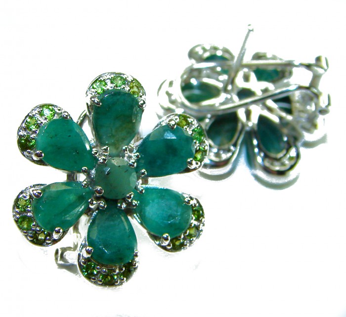Amazonia - 339.8 carat Colombian Emerald .925 Sterling Silver handmade Statement Earrings - Close-up of silver flower earrings with emerald and green stones.