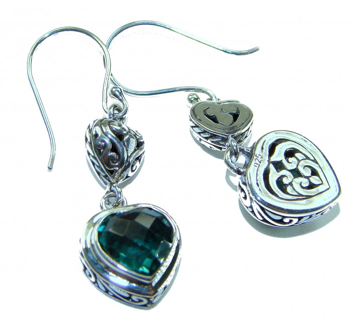 Green Heart Authentic 6.5 CARAT Chrome Diopside .925 Sterling Silver handcrafted earrings - Green heart earrings, chrome diopside, sterling silver, side view.