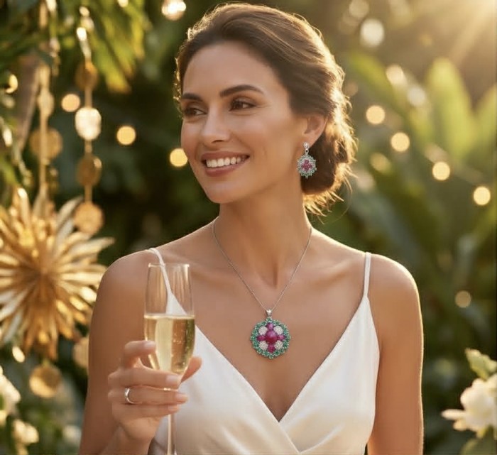 Giovanna- Victorian style - 29.5 carat Authentic Star Ruby .925 Sterling Silver handcrafted Pendant Brooch - Woman wearing Giovanna Star Ruby jewelry set at an outdoor event.