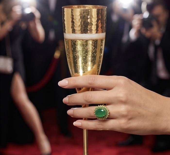 Elizabeth oval cut 14.4 carat Colombian Emerald 8.2 carat Peridot .925 Sterling Silver dipped in 22K Rose Gold handcrafted Ring size 6 3/4 - Hand wearing Elizabeth 14.4ct Colombian Emerald ring holding golden glass