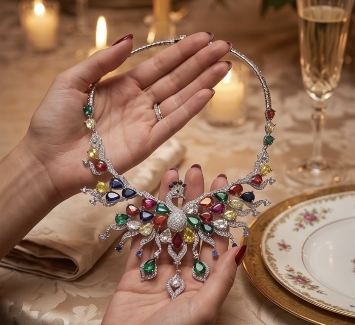 55.2 carat Graceful Swan Natural multicolor Topaz .925 Sterling Silver handcrafted Statement necklace - Hands holding multicolor topaz necklace with swan design, table setting.