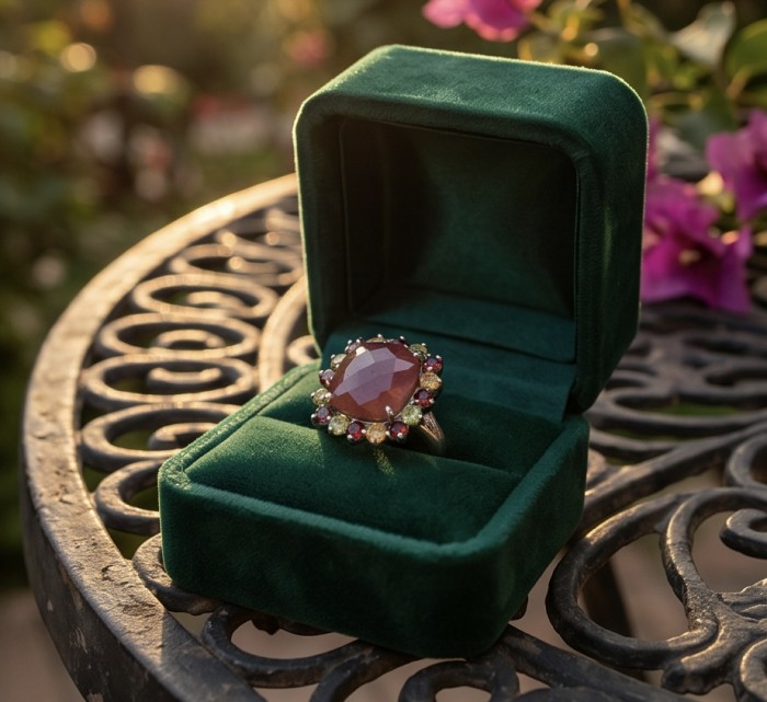 Art Deco 18.8 ctw Kashmir Rruby .925 Sterling Silver handcrafted Statement Ring size 8 - Art Deco ring in green velvet box on ornate table, top view