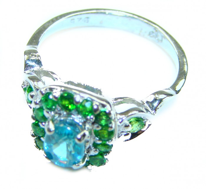 8.5 carat authentic Swiss Blue Topaz .925 Sterling Silver handmade Statement Ring size 6 - Side view of Swiss Blue Topaz ring in .925 sterling silver.