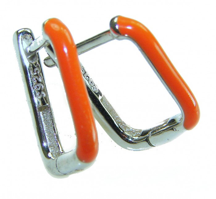 0.5 carat orange enamel .925 Sterling Silver handcrafted earrings - Orange enamel .925 Sterling Silver earrings, side view detail.